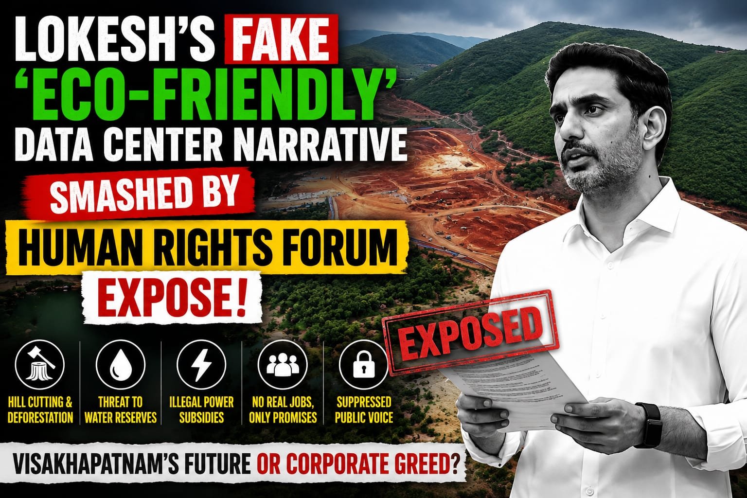 Lokesh’s Fake ‘Eco-Friendly’ Data Center Narrative Smashed by Human Rights Forum Expose
